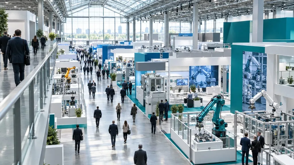 View across a trade fair hall with exhibition stands