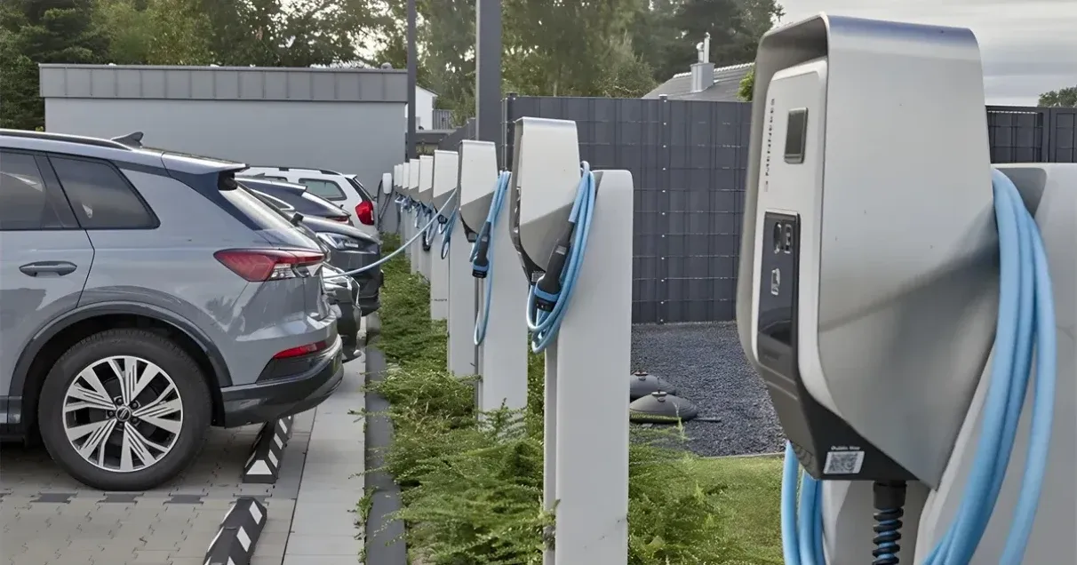 A row of charging stations with blue cables in a company car park, electric cars parked on the left